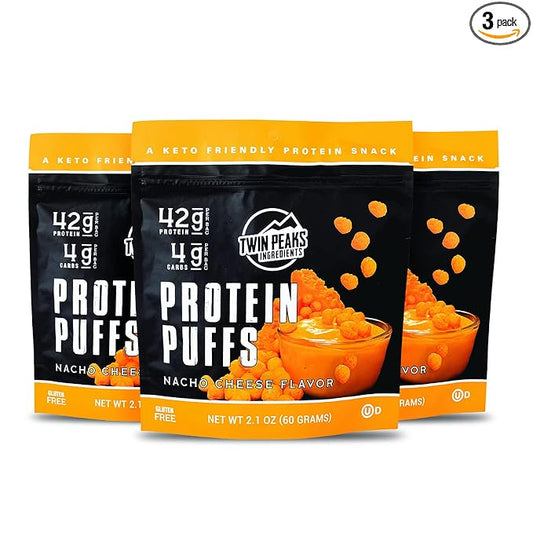 Twin Peaks Low Carb, Keto Friendly Protein Puffs, (Nacho Cheese), 2 Servings, 3 Pack (60g, 42g Protein, 4g Carbs)