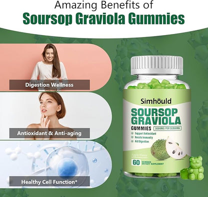 1 Pack Soursop Graviola Gummies - 3000mg Extra Strength Soursop Leaves Supplement with Vitamin C, Zinc - Digestive Aid, Immune Support & Antioxidant - Sugar-Free, Non-GMO, Vegan, 60 Counts