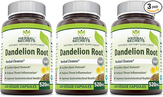Herbal Secrets Dandelion Root 520 Mg 120 Veggie Capsules (Non-GMO) - Improve Gastrointestinal Health, Reduces Throat Inflammation, (Pack of 3)