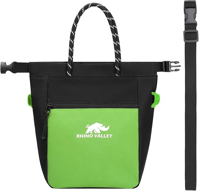 Rhino Valley Chalk Bag for Rock Climbing, No Leak Magnetic Climbing Chalk Bag with Handle, Climbing Chalk Bucket Gear with Adjustable Belt Zipper Pockets for Cross Fit, Weight Lifting