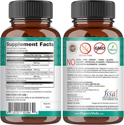 Organic Veda Gut Health Supplement - Leaky Gut Repair Capsules with Papaya Digestive Enzymes, Prebiotics, L-Glutamine, Turmeric - Support Bowel Movement & Cleanse Colon - 120 Count