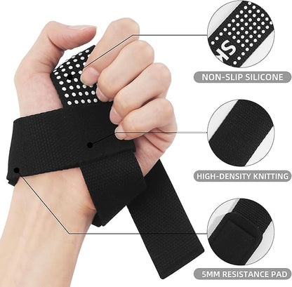 SKDK Cotton Hard Pull Wrist Lifting Straps Grips Band-Deadlift Straps with Neoprene Cushioned Wrist Padded and Anti-Skid Silicone - for Weightlifting, Bodybuilding, Xfit, Strength Training