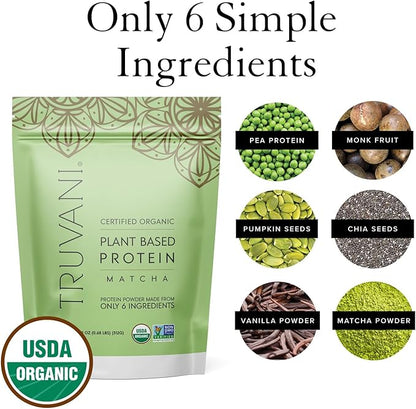 Truvani Vegan Pea Protein Powder | Matcha | 20g Organic Plant Based Protein | 10 Servings | Keto | Gluten & Dairy Free | Low Carb | No Added Sugar