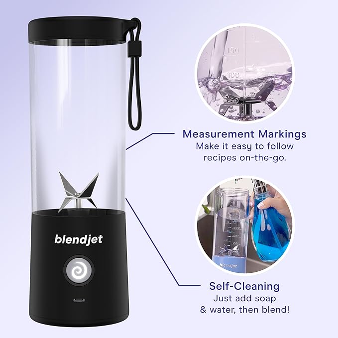 BlendJet Portable Blender for Smoothies & Shakes - 16oz BlendJet 2 Cordless Personal Small Blender, USB-C Rechargeable & Self Cleaning - Mini Travel Blender with Stainless Steel Blade (Shredders Mind)