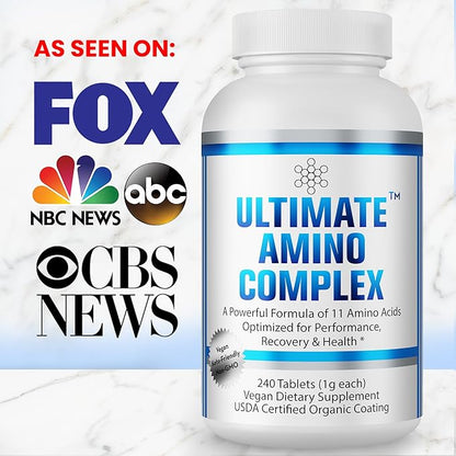 Ultimate Amino Complex Supplement - 240 Easy-to-Swallow, Flavorless 1g Tablets - All 9 Essential Amino Acids Plus Cystine & Tyrosine - 2:1:1 BCAA Ratio - Increase Energy & Muscle - Vegan & Non-GMO