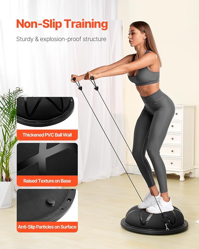 VEVOR Half Exercise Ball Trainer, 23/26 inch Balance Ball Trainer, 1500lbs Capacity Stability Ball, Yoga Ball with Resistance Bands & Foot Pump, Strength Fitness Ball for Home Gym Full Body Workout Black