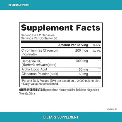 SlimFast Berberine Plus Capsules, Berberine Supplement, with Berberine hcl, Chromium Picolinate, Alpha Lipoic Acid, and Cinnamon Bark, 60 Count, 30 Servings
