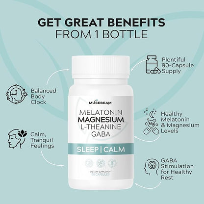 Magnesium Glycinate 275mg Melatonin 5mg L-Theanine 200mg GABA 100mg Capsules - Full Rest Nighttime Bedtime Support Supplement for Men Women - Vegan Sugar-Free Gluten-Free