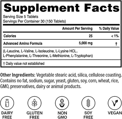 – Advanced Amino Formula Tablets, Amino Acid Supplement, Build Muscle, Post Workout Recovery, Energy, Stamina, Non-GMO, Gluten Free, Dairy Free, Vegan (150 Tablets)