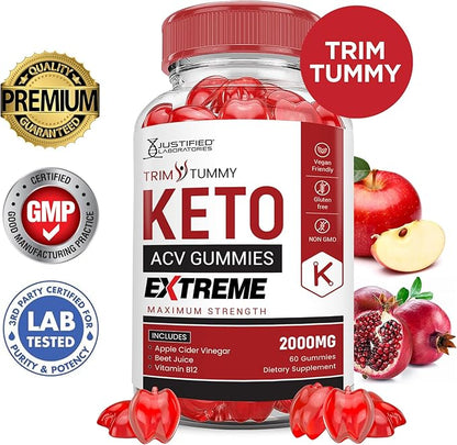 (2 Pack) Trim Tummy Keto ACV Gummies Extreme 2000MG Trim Tummy Keto Gummies Apple Cider Vinegar Formulated with Pomegranate Beet Juice Powder B12 Vegan Non GMO 120 Gummys