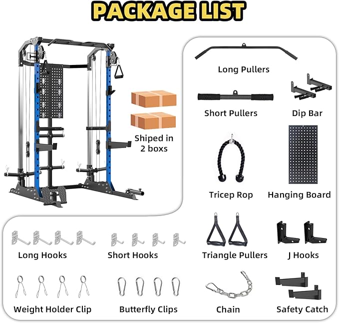 Multi-Function Power Cage, Power Rack with Dual Independent Pulley System, 2000LB Capacity Workout Cage with Adjustable Cable Crossover System and Training Attachment, Squat Rack for Home Gym
