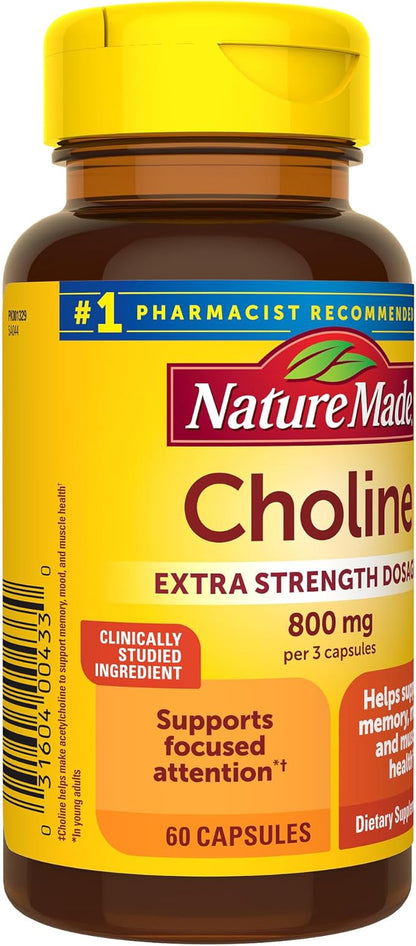 Nature Made Extra Strength Dosage Choline Supplements 800 Mg Per 3 Capsules, Brain Health, Mood, Muscle & Liver Support, Vegetarian, 60 Capsules, 20 Day Supply