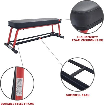 Sunny Health & Fitness Flat Weight Bench Optional Dumbbell Rack for Strength Training, Full Body Workout, Exercise, Home Gym