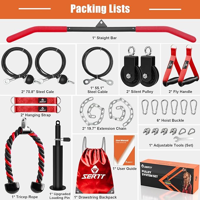 SERTT Home Gym Pulley System - Tricep Workout, Lat Pulldown, Biceps Curl, Triceps, Shoulders, Back, Forearm, Weight Cable for Squat Rack, Garage