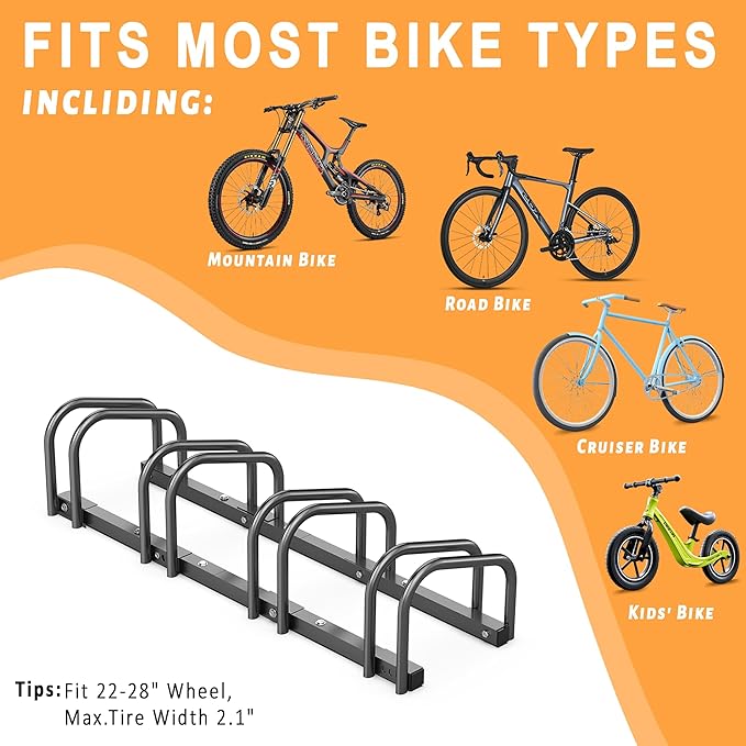Ultrawall Bike Storage Rack for Garage, 4 Bikes Floor Bike Stand, Bicycle Parking Holder Stand for Indoor/Outdoor, Fit 22-28" Wheel Tire Width 2.1"