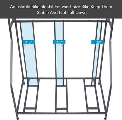 Sunix Bike Stand Rack, 3 Bicycle Floor Parking Stand, Bike Rack for Garage Storage, 3 Widths Adjustable Bike Slot for Mountain, Hybrid, Kids Bicycles, Indoor Outdoor Bike and Sports Storage Station