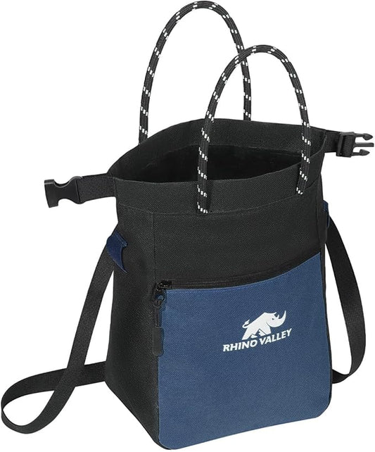 Rhino Valley Chalk Bag for Rock Climbing, No Leak Magnetic Climbing Chalk Bag with Handle, Climbing Chalk Bucket Gear with Adjustable Belt Zipper Pockets for Cross Fit, Weight Lifting