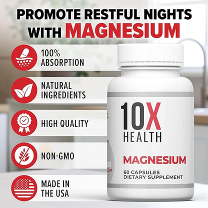 10X Health Magnesium Citrate Capsules - Magnesium Supplement for Adults to Support Sleep, Muscle Function, Stress, Cardiovascular & Heart Support - 60 Capsules