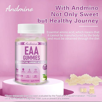 EAA Gummies 7500 mg, BCAA Gummies with Trehalose, Amino Acids Supplement for Muscle, Immune, Nervous & Digestive Health, for Adults & Kids, Non-GMO, Vegan, Gluten Free, Apple Flavor, 120