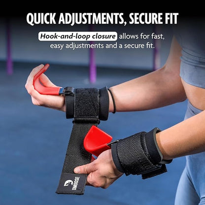 DMoose Fitness Weight Lifting Hooks (Pair) for Deadlifts, Pull Ups & Shrugs - 500 Lbs Capacity, Thick Wrist Padding - Heavy Duty Gym Workout Grips Straps for Men and Women