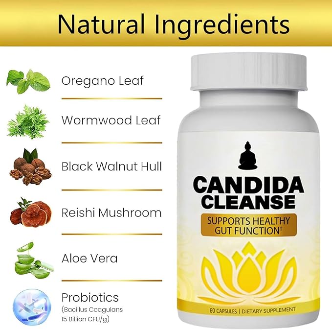 Candida Cleanse, Gut & Colon Cleanse for Women & Men, Supports Healthy Gut and Colon Function, Pure Natural Formula - Oregano Leaf, Wormwood Leaf, Black Walnut Hull, Reishi Mushroom, Aloe Vera