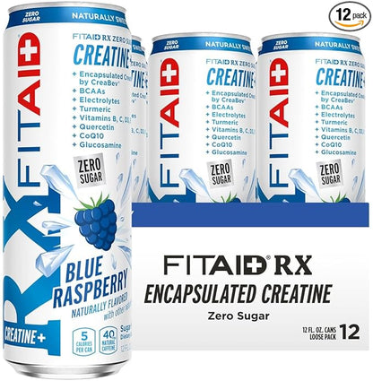 FITAID RX Zero Sugar, Encapsulated Creatine, Workout Recovery Drink, All-In-One Blend, BCAAs, Glucosamine, Turmeric, B-Complex, Naturally Sweetened, Blue Raspberry, 12 Fl Oz (Pack of 12)