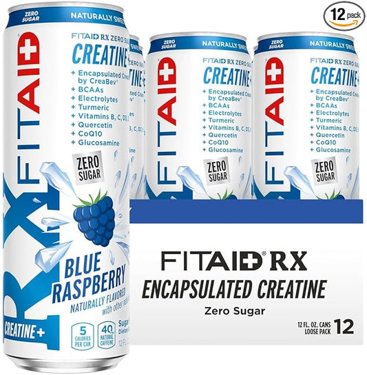 FITAID RX Zero Sugar, Encapsulated Creatine, Workout Recovery Drink, All-In-One Blend, BCAAs, Glucosamine, Turmeric, B-Complex, Naturally Sweetened, Blue Raspberry, 12 Fl Oz (Pack of 12)