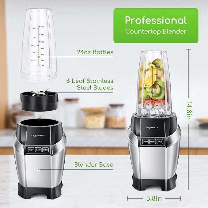 Aigostar Bullet Blender for Shakes and Smoothies, Personal Blender for Kitchen, Smoothie Blender Juice Licuadora Crushing Ice Puree Frozen Fruit, Countertop Blender with 24&20 oz To-Go Cups