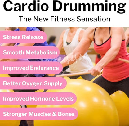 Cardio Drumming Equipment Set - 26" Exercise Ball with Pump and Weighted Cardio Drumming Sticks with Grips - Fitness Yoga Ball Drumsticks Workout for Balance, Rhythm, Aerobic Moves, Dance, Gymnastics