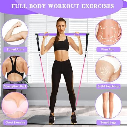 Pilates Bar Kit with Resistance Bands,Pilates Bar with Stackable Bands Workout Equipment for Legs,Hip,Waist and Arm,Exercise Fitness Equipment for Women & Men Home Gym Yoga Pilates