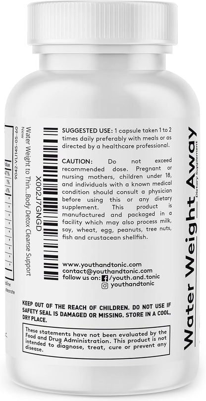 Youth & Tonic Natural Water Weight Away Pills for Belly Bloating, Water Retention & Fluid Loss – Herbal Diuretics for Swollen Legs, Feet, and Swelling – Dandelion Diuretic for Women & Men – 60 Caps