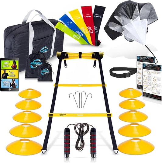 Invincible Fitness Agility Ladder Set - Enhance Speed 10 Cones, 4 Hooks, 3 Resistance (15ft)