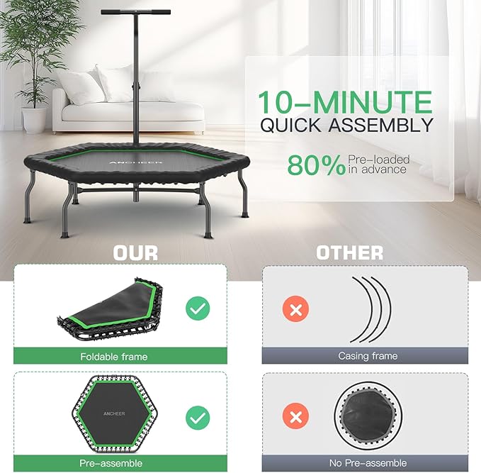 ANCHEER 50" Rebounder Trampoline for Adults With Bar, 550 LBS Mini Trampoline Quiet Exercise Bungee Jumping Cardio Trainer Workout