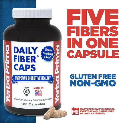 Yerba Prima Daily Fiber Capsules – 180 Caps (Pack of 3) - Soluble Dietary Fiber Supplement - Colon Cleanse - Gut Health - Constipation Relief – Vegan, Non-GMO, Gluten-Free