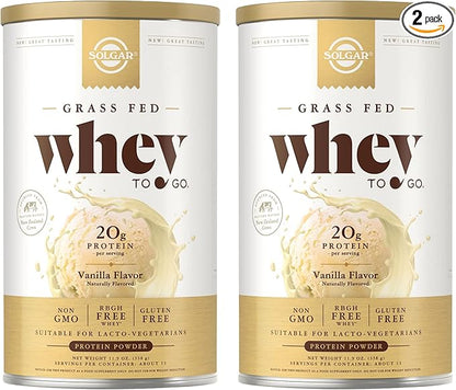 SOLGAR Grass Fed Whey to Go, Vanilla - 11.9 oz, Pack of 2 - Grass-Fed Whey Protein Powder - rBGH Free, Non-GMO, Gluten Free - 26 Total Servings