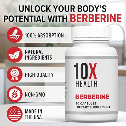 10X Health Berberine Supplement 500mg - Contains Dihydroberberine Supplement for Better Absorption - Supports Cardiovascular & Gut Health Supplements for Women & Men - 30 Capsules