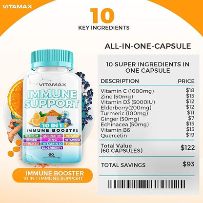 10-in-1 Immune System Support Booster with Elderberry, D3, Selenium, Quercetin, Zinc, Vitamin C, Ginger, Turmeric Curcumin, B6, Echinacea – Natural Immune Defense – Made in USA (60 Count (Pack of 1))