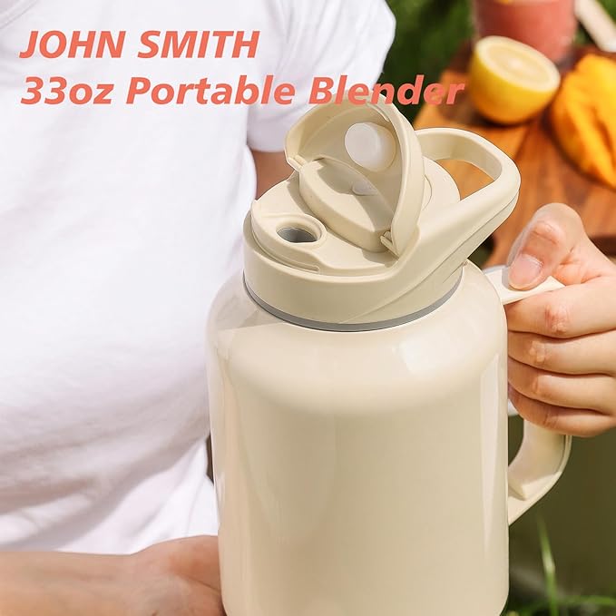 Portable Blender for Shakes and Smoothies 33oz High-Speed Portable Blender Rechargeable with Stainless Steel Straw BPA Free for Fruits and Veggies, White