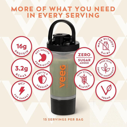 Veeg Meal Replacement Powder, All-in-One Plant-Based Protein Superfood with 50+ Superfoods & Vitamins, Organic Greens & Reds, MCT, Probiotics | Non GMO Vegan Protein Powder Vanilla, 15 Servings