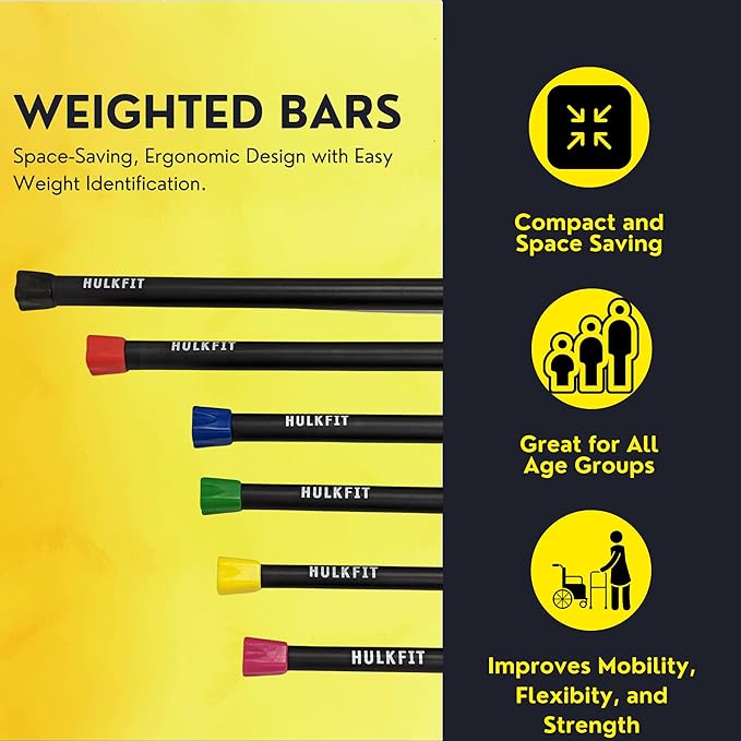 HulkFit Total Body Workout Weighted Exercise Bar Exercise Equipment for Mobility and Strength Training Squats, Lunges, Bench Press, and Deadlifts - Multiple Weights and Multicolor