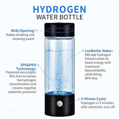 Hydrogen Water Bottle, Portable Hydrogen Water Ionizer Machine, Hydrogen Water Generator, Rechargeable Hydrogen Rich Water Glass Health Cup for Home Travel (Black)