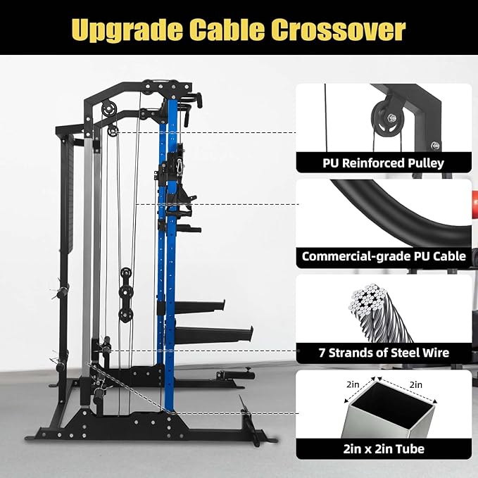 Multi-Function Power Cage, Power Rack with Dual Independent Pulley System, 2000LB Capacity Workout Cage with Adjustable Cable Crossover System and Training Attachment, Squat Rack for Home Gym