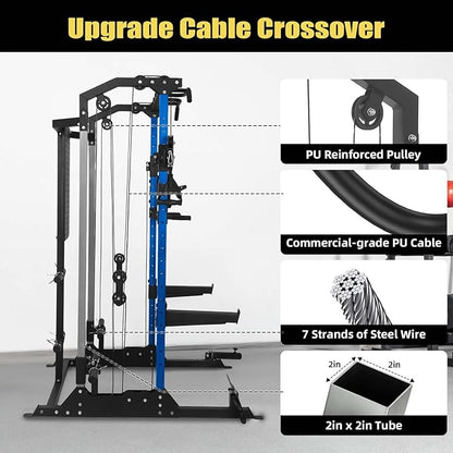 Multi-Function Power Cage, Power Rack with Dual Independent Pulley System, 2000LB Capacity Workout Cage with Adjustable Cable Crossover System and Training Attachment, Squat Rack for Home Gym