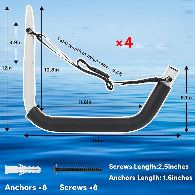 Kayak Storage Rack,Kayak Rack for Garage,Kayak Wall Mount Kayak Wall Rack with Nylon Straps,Heavy Duty Kayak Hanger Kayak Hook Suitable for Kayaks and SUP Paddle Board(4Pack,6 Colors)