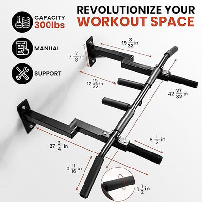 Yes4All Multi-Grip Wall Mount Pull-Up Bar 16 & 24" Reversible