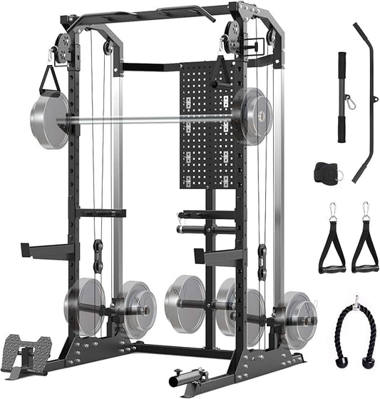 Multi-Function Power Cage, Power Rack with Dual Independent Pulley System, 2000LB Capacity Workout Cage with Adjustable Cable Crossover System and Training Attachment, Squat Rack for Home Gym