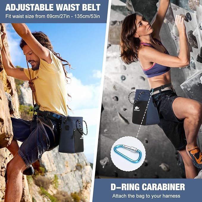 Rhino Valley Chalk Bag for Rock Climbing, No Leak Magnetic Climbing Chalk Bag with Handle, Climbing Chalk Bucket Gear with Adjustable Belt Zipper Pockets for Cross Fit, Weight Lifting
