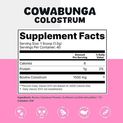 Cowabunga Colostrum - Premium, Pure & Unaltered Colostrum Powder Supplement - for Immune Support, Gut Health, Muscle Recovery & Wellness with Supergut - Kosher & Halal Certified Calostro