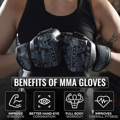 WYOX MMA Gloves for Men & Women – Grappling & Sparring Boxing Gloves with Open Palm Design, Padded Fingerless Training Gloves for Kickboxing, Muay Thai, Youth & Heavy Bag Workouts