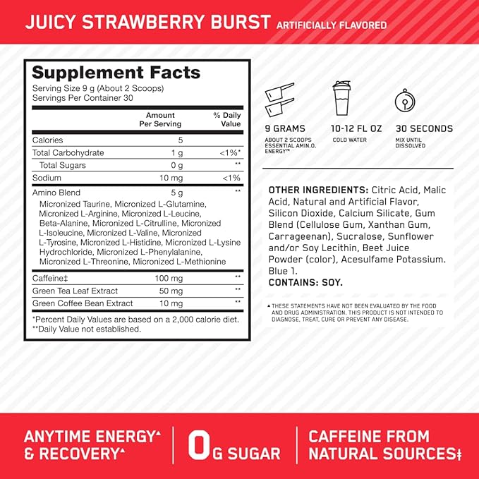 Optimum Nutrition Amino Energy - Pre Workout with Green Tea, BCAA, Amino Acids, Keto Friendly, Green Coffee Extract, Energy Powder - Juicy Strawberry Burst, 30 Servings (Packaging May Vary)